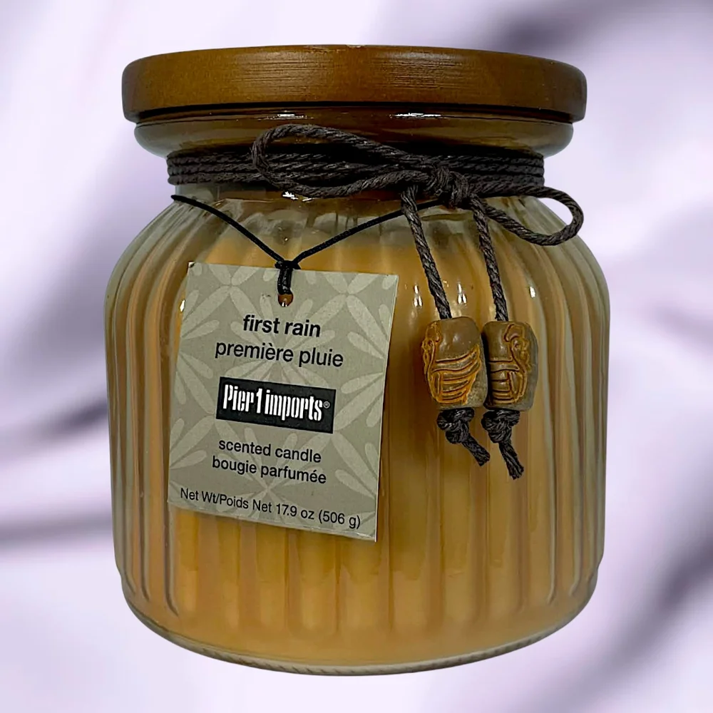 Pier 1 Imports First Rain Dual Wick Scented Candle | 17.9oz Jar Wood Lid & Beads